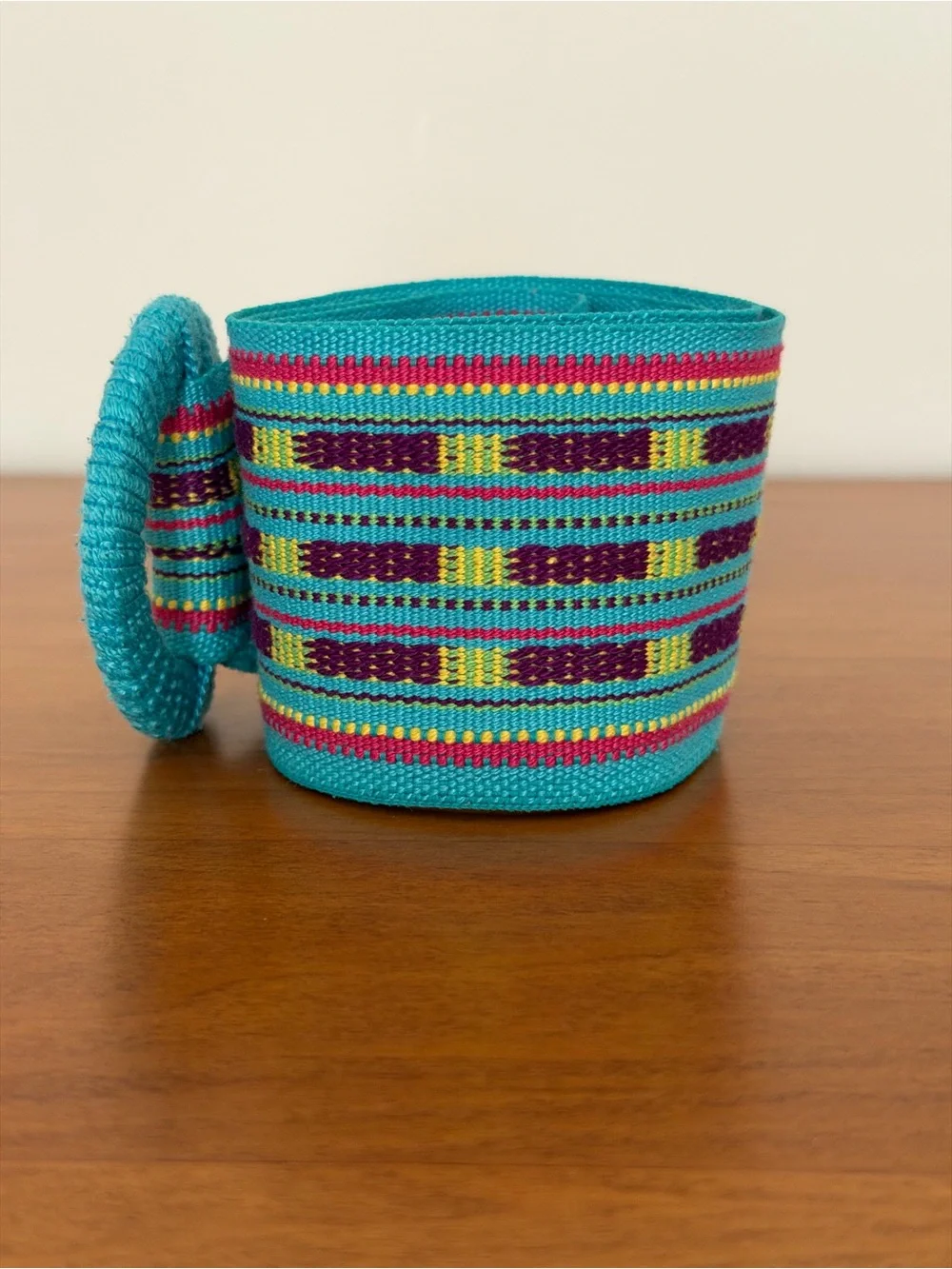 Boho Turquoise Multicolor Woven Wide Waist Belt with Covered Round Buckle ~ S